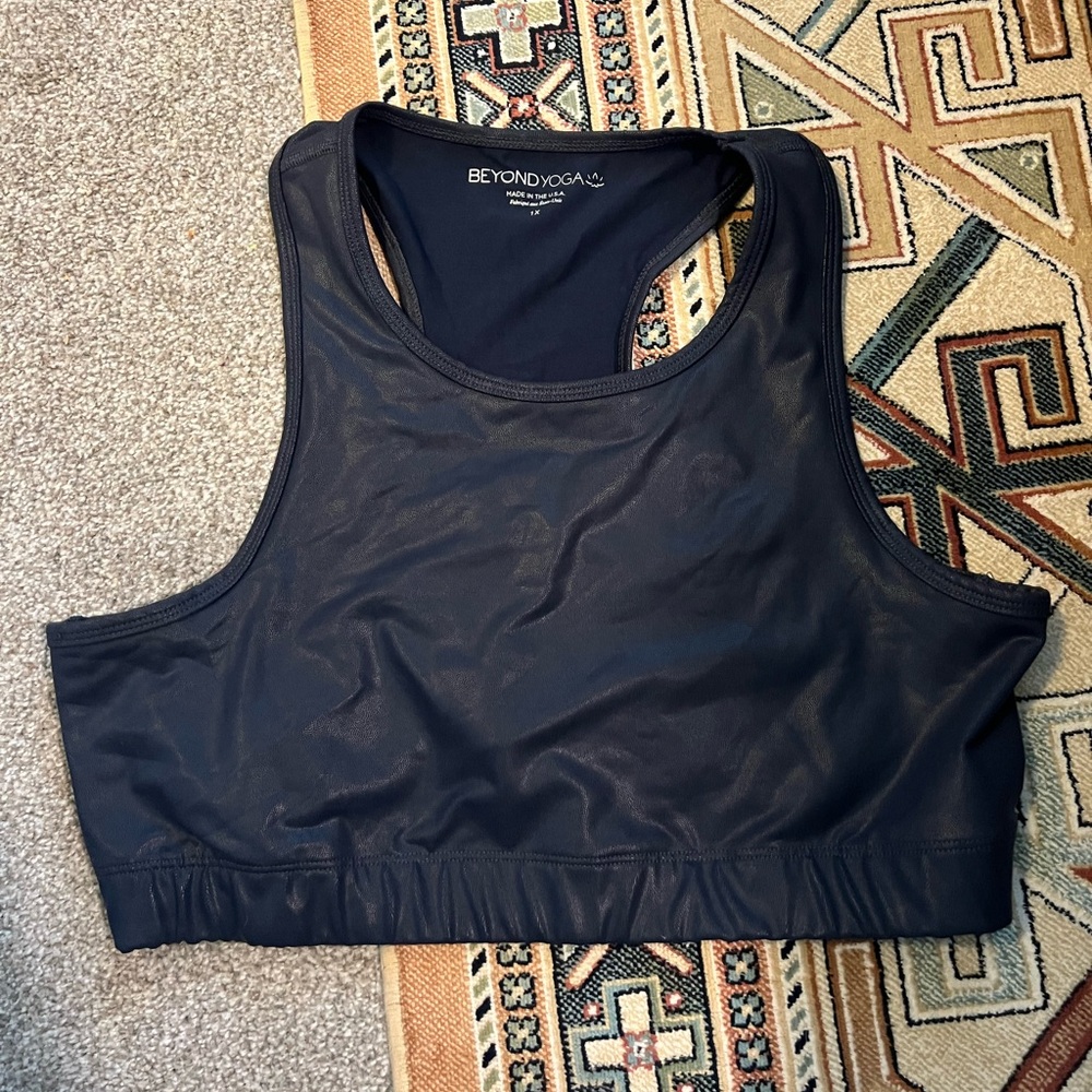 Beyond Yoga Navy Blue Pearlized Faux Leather Sports Bra Size 1X
